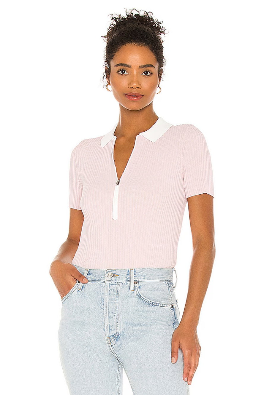 Rag & Bone Cadee Polo Top Shirt Pink Ribbed Knit Short Sleeve Mulberry Spritz S